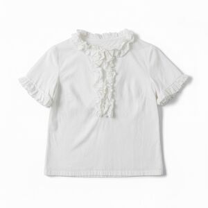 Elizabeth Wilson Designs Ruffle Neck Blouse Size Medium White Short Sleeve Prepp